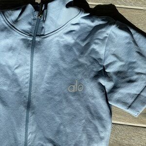 Alo baby blue zip up shorts onesie